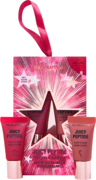 Revolution Juicy Peptide Mini Lip Balm Gift Set, różowe pudełko z gwiazdą i dwoma błyszczącymi balsamami, widok z przodu.