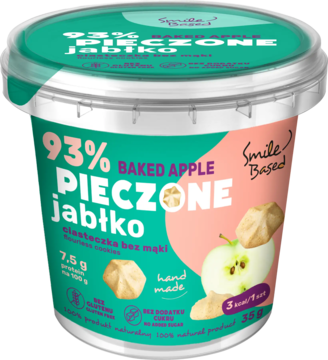 Kubek deseru jabłkowego Smile Based, 93% pieczone jabłko. Biało-zielony, z ilustracją jabłka, widok z przodu.