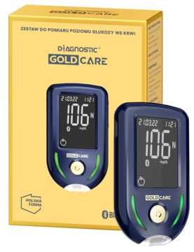 Zestaw Glukometr Diagnostic Gold Care. Żółte opakowanie i dwa ciemnoniebieskie urządzenia z wyświetlaczem 106 mg/dL.