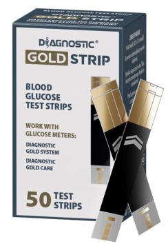 DIAGNOSTIC GOLD STRIP 50 pasków testowych do glukozy. Biało-złote pudełko, dwa czarno-złote paski. Widok z przodu.