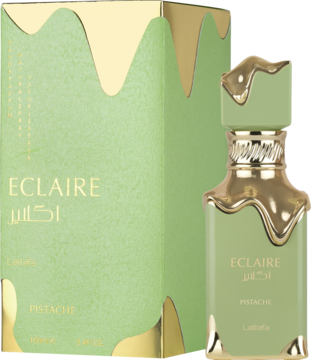 Eclaire Pistachio: jasnozielone perfumy z butelką i pudełkiem ozdobionym złotymi, spływającymi detalami, obok siebie.
