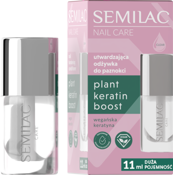 Semilac Plant Keratin Boost utwardzająca odżywka do paznokci 11 ml. Widok z przodu na butelkę i różowe pudełko.