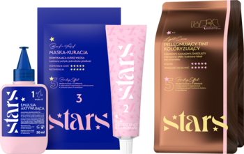 Zestaw do koloryzacji z.stars: niebieski developer, różowa farba w tubce, niebieska maska i brązowa odżywka.