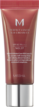Tubka MISSHA M Perfect Cover BB Cream EX SPF42 PA+++ nr 27, burgundowa z srebrną zakrętką, widok z przodu.