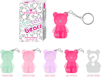 Essence The Rare Bears: biały blind box i cztery przezroczyste misie-breloczki (róż, zieleń, fiolet) z sercami.