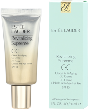 Estée Lauder Revitalizing Supreme CC krem anti-aging SPF 10 w złoto-srebrnej tubce obok zielonego opakowania kartonowego.