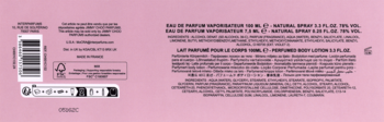 Tył różowego opakowania zestawu Jimmy Choo EDP. Widoczne szczegóły: kod kreskowy, skład, pojemności i symbole recyklingu.