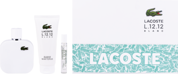 Zestaw Lacoste L.12.12 Blanc: biała woda toaletowa 100ml, żel 100ml, EDT 7.5ml. Widok z przodu, logo krokodyla.