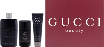 Zestaw Gucci Guilty Pour Homme: czarna woda perf., dezodorant w sztyfcie, żel pod prysznic. Widok z przodu.