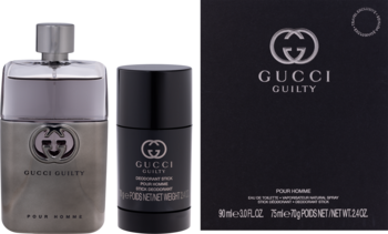 Zestaw Gucci Guilty Pour Homme: szara woda toaletowa, czarny dezodorant i pudełko, widok z przodu.