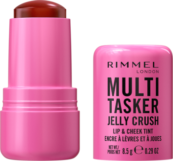 Rimmel Multi-Tasker Jelly Crush Lip & Cheek Tint w różowym sztyfcie, otwarta z widocznym brązowym tintem i napisem.