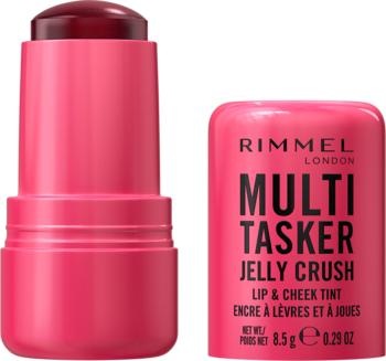 Rimmel Multi Tasker Jelly Crush Lip & Cheek Tint w jaskraworóżowym opakowaniu, otwarty, widoczny ciemnoczerwony sztyft i nakrętka.