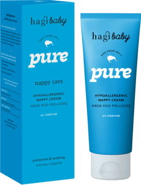 Hagi baby Pure, hipoalergiczny krem pod pieluszkę w niebieskiej tubce oraz kartonowym opakowaniu, widok przód.