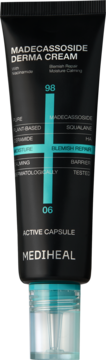 Krem Madecassoside Derma Cream Mediheal, czarna tubka z turkusowymi detalami, widoczne kapsułki.