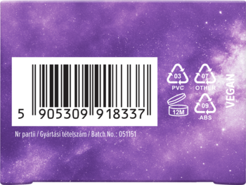 Fioletowy tył opakowania bronzera cream to powder z kodem kreskowym, symbolami recyklingu, 12M i napisem VEGAN.