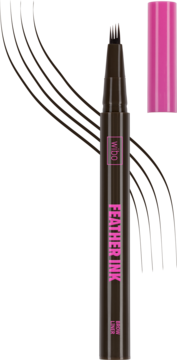 Wibo Feather Ink, ciemnobrązowy pisak do brwi z poczwórną końcówką, pionowo, częściowo zdjęta różowa skuwka.
