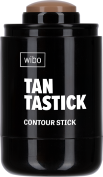 Czarny, cylindryczny Wibo Tan Tastic Contour Stick z brązowym bronzerem, widok z przodu. Etykieta z białym napisem.