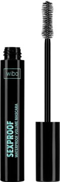 Wibo Sexproof Waterproof Volume Mascara, czarna butelka, obok wyjęta szczoteczka w kształcie klepsydry.
