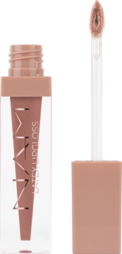 Błyszczyk NATI LATEX LIPGLOSS w odcieniu nude, z lateksowym wykończeniem, otwarta tubka z aplikatorem.