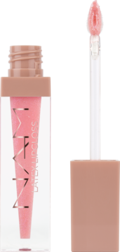 Maxi Latex Lipgloss, różowy błyszczyk z efektem lustra, aplikator wyjęty z butelki na białym tle.