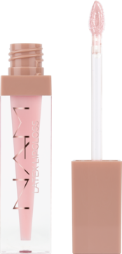 Jasnoróżowy błyszczyk Latex Lipgloss z lustrzanym wykończeniem, butelka i wyciągnięty aplikator.