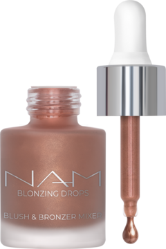 NAM Blonzing Drops, różowo-brązowy blush & bronzer mixer w szklanej butelce z zakraplaczem.