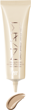 MARN Daily Shield Tinted Serum SPF 25 w beżowej tubce, obok próbka jasnego podkładu do twarzy.