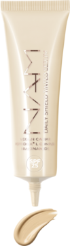Beżowy podkład Iman Daily Shield Tinted Serum SPF 25 w tubce, obok próbka koloru na czarnym tle.