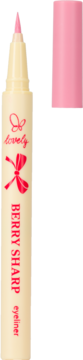 Różowy eyeliner BERRY SHARP w beżowym pisaku z odkręconą nakładką i widoczną precyzyjną końcówką. Na różowym tle.