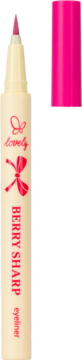 Eyeliner Berry Sharp w beżowej obudowie, zgaszony różowy aplikator, obok widoczna jaskrawo różowa skuwka.