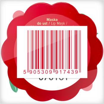 Czerwona etykieta aromatycznej maski do ust w kształcie kwiatu, z widocznym kodem kreskowym i tekstem 'Lip Mask'.