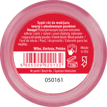 Widok z dołu różowego sypkiego różu do makijażu twarzy Wibo z puszkiem. Biała etykieta z opisem i kodem kreskowym.