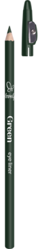 Ciemnozielona konturówka do oczu w kredce, z napisem „Green eyeliner”, obok nakładka z temperówką.