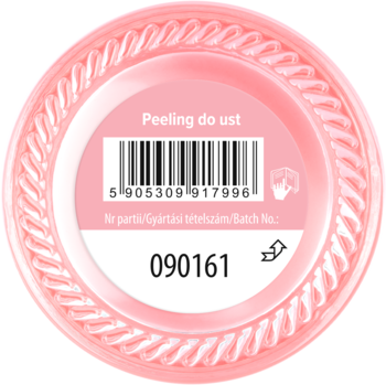 Różowy, okrągły peeling do ust z karbowaną ramką, widok z góry. Etykieta zawiera kod kreskowy, napis "Peeling do ust", numer 090161.