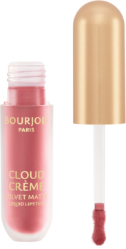 Otwarta, różowa matowa pomadka w płynie Bourjois Cloud Crème Café Crème ze złotą zakrętką i aplikatorem.