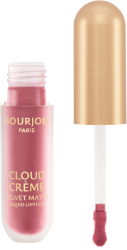 Otwarta, różowa matowa pomadka w płynie Bourjois Cloud Crème Flirty Rose, z widocznym aplikatorem.
