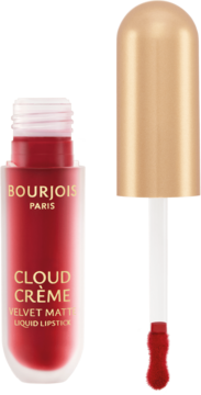 Matowa pomadka w płynie Bourjois Cloud Crème, czerwony odcień, otwarta z aplikatorem obok, złota zakrętka.
