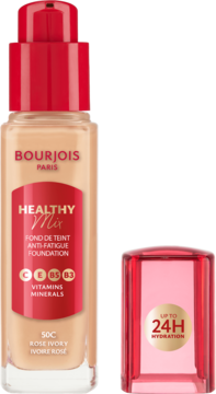 Podkład Bourjois Healthy Mix 50C Rose Ivory, szklana butelka z czerwoną pompką i nakrętką obok.