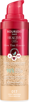 Bourjois Healthy Mix Glow Tint Essence 017 Light Neutral z czerwoną pompką, widoczne perełki, przód.