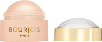 Dwa kremowe rozświetlacze Bourjois Little Round Pot: jeden zamknięty z napisem, drugi otwarty z jasnym produktem.
