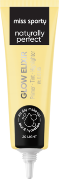 Żółta tubka Miss Sporty Glow Elixir 3w1 Primer-Tint-Highlighter Vit C, widok z przodu, otwarty aplikator.