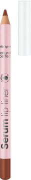 Różowa konturówka do ust Miss Sporty Serum Lip Liner z brązową końcówką, obok zdjęta biała zatyczka.