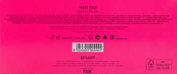 Tył opakowania perfum NeoRio Fluo Pink 50ml, w kolorze fuksji z ciemnym tekstem, kodem kreskowym i ikonami.