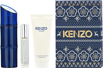 Zestaw prezentowy Kenzo Homme: granatowe perfumy, mały flakonik, biały żel pod prysznic i ozdobne pudełko.