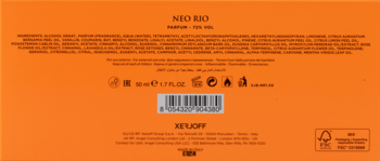 Tył pomarańczowego opakowania perfum Xerjoff Duran Duran NeoRio Orange 100ml ze składem i kodem kreskowym.