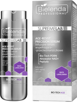 Srebrne serum Bielenda Professional Age-Resist w butelce z pompką i pudełku, z fioletowymi detalami, infuzyjne, przeciwzmarszczkowe.