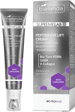 Bielenda Supremelab Peptide Eye Lift Cream, wypełniająco-rozjaśniający krem pod oczy. Srebrna tubka z rollerem obok fioletowego pudełka. Widok z przodu.