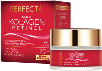 Czerwono-złoty słoik i pudełko Perfecta Multi Kolagen Retinol 70+ przeciwzmarszczkowy krem.