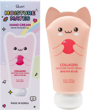 Quuet Collagen Moisture Hand Cream: brzoskwiniowa tubka z uszami kota trzymająca kulkę, obok barwne pudełko.
