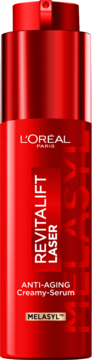 L'Oréal Revitalift Laser Anti-Aging Creamy-Serum z Melasyl w czerwonej, błyszczącej butelce z pompką, widok z przodu.